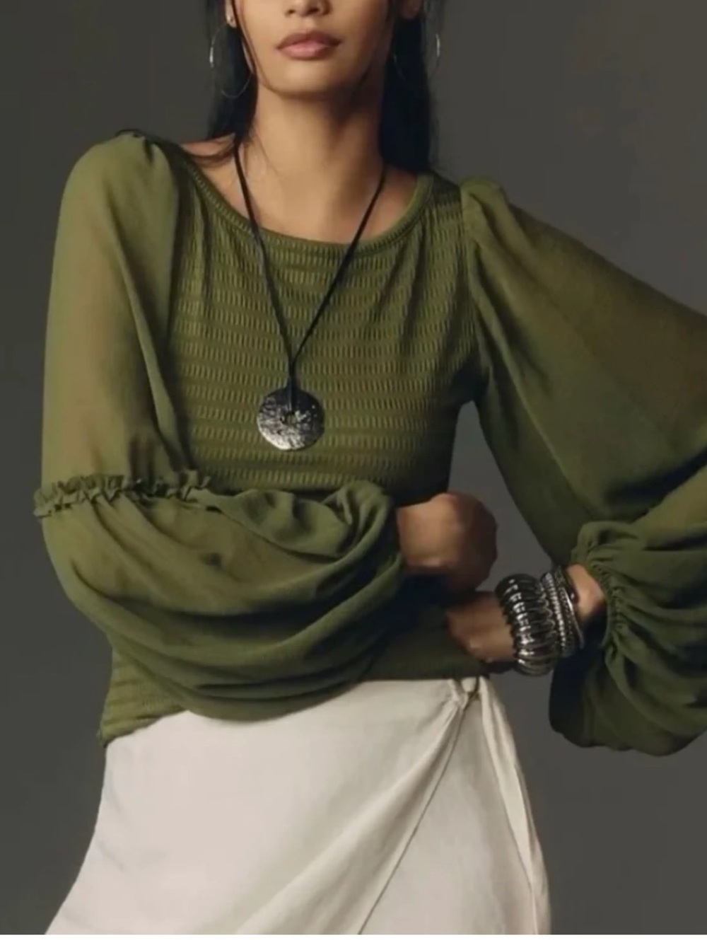 By Anthropologie Olive Green Balloon Sleeve Top Boho Womenโs Small